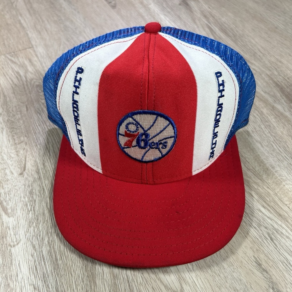 VTG Philadelphia 76ers Snapback Hat‎ NBA AJD Stripe White Red Trucker Cap USA